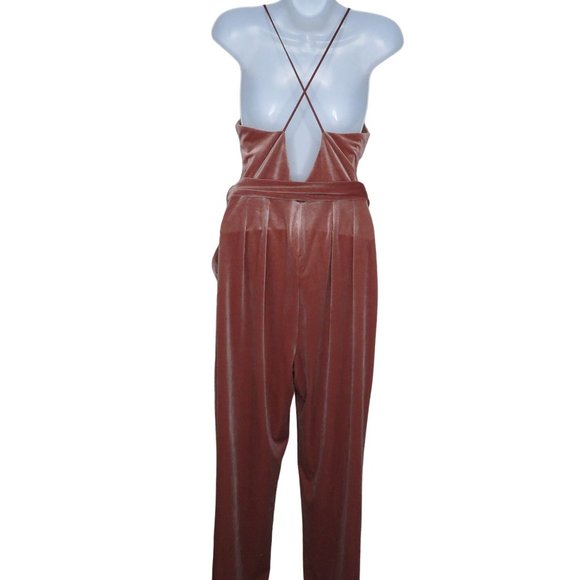 Vintage EXPRESS Velour Jumpsuit XS Pink Deep V Strappy Belted Pockets Back Zip - Picture 8 of 10